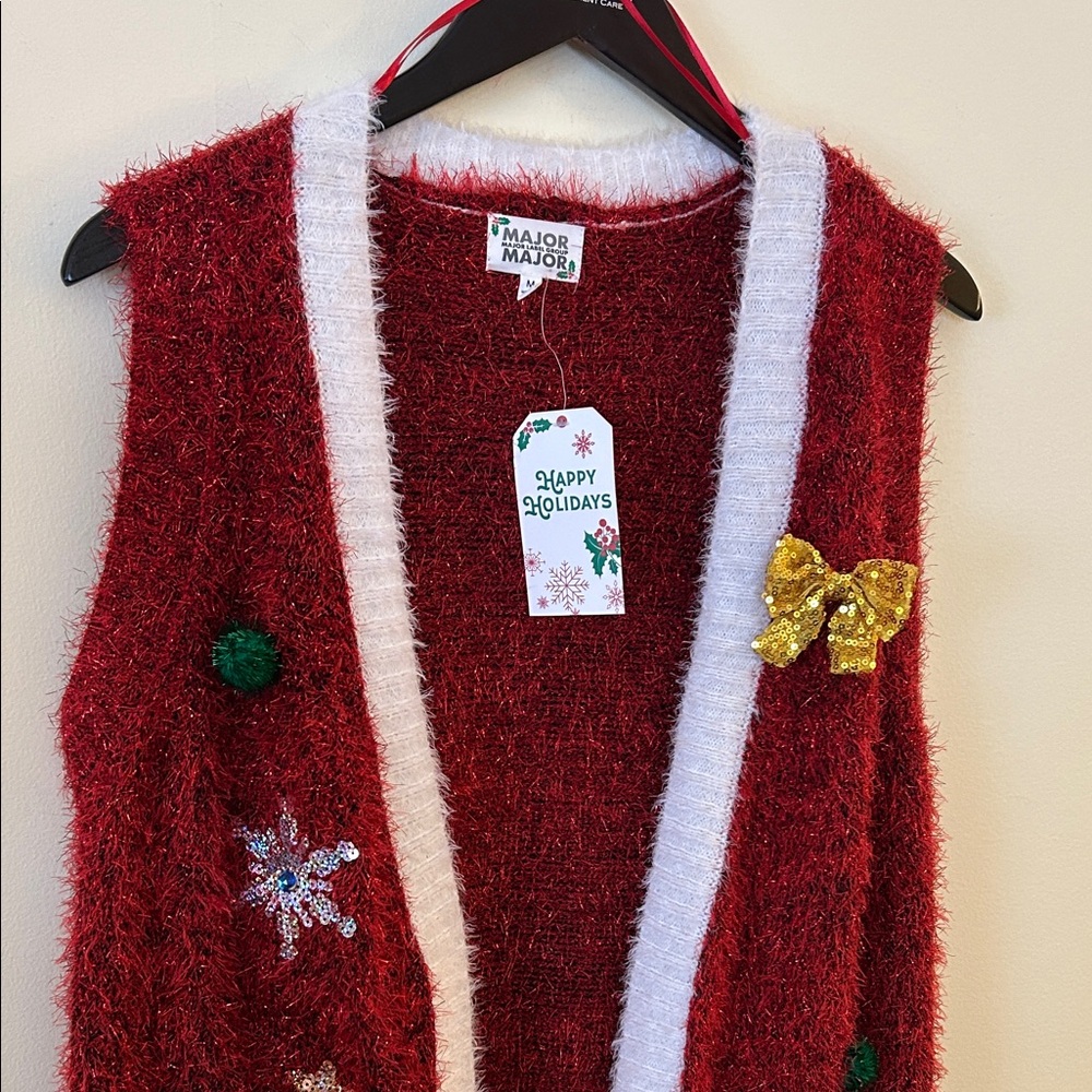 Major Major Christmas Holiday Sweater Vest Red Long Medium NWT Sequins Trees